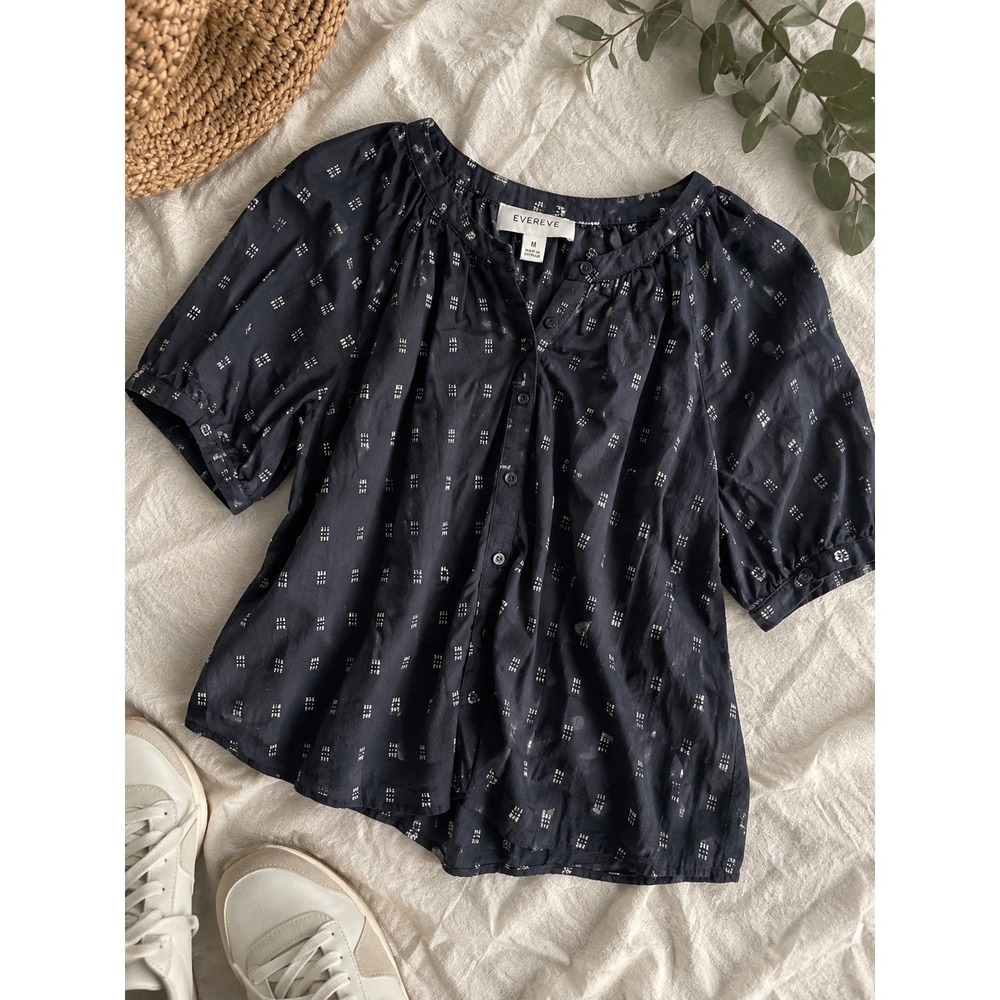 Evereve Womens Navy Blue Cotton Embroidered Short Sleeve Button Up Blouse M